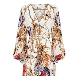 Camilla Reign Supreme Belted Dress Blouson Sleeves Ivory Floral Gold Size M NWT